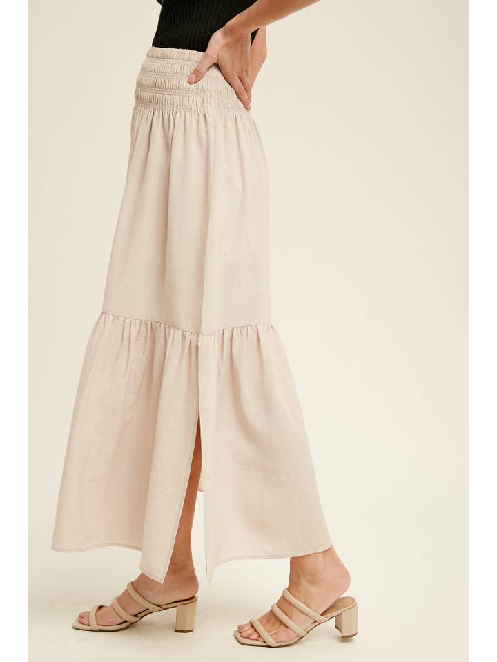 Champagne Smocked Waist Tiered Midi Skirt for wholesale on Faire
