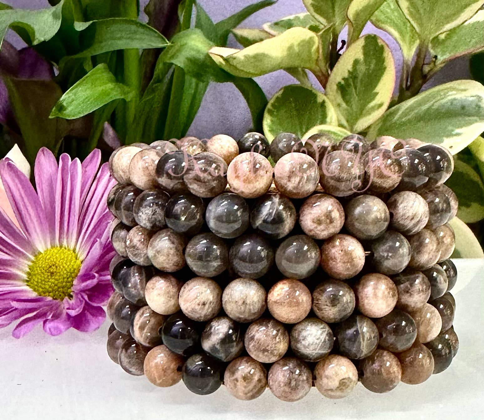 KayleeNYC - Wholesale Beaded Bracelet - Natural Black Moonstone 8mm 7.5” Stretch Bracelet