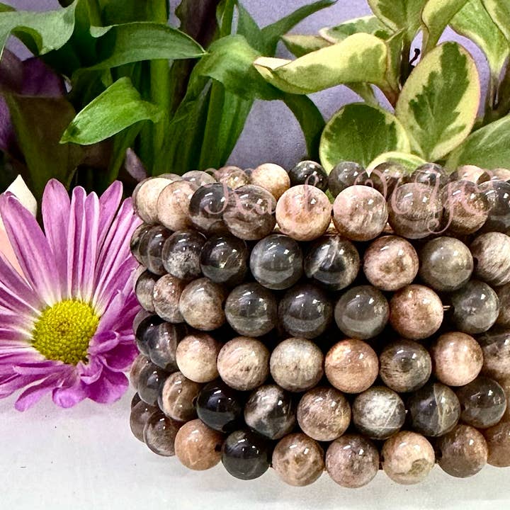 Pulsera elástica de piedra lunar negra natural de 8 mm y 7,5” para venta al por mayor de KayleeNYC