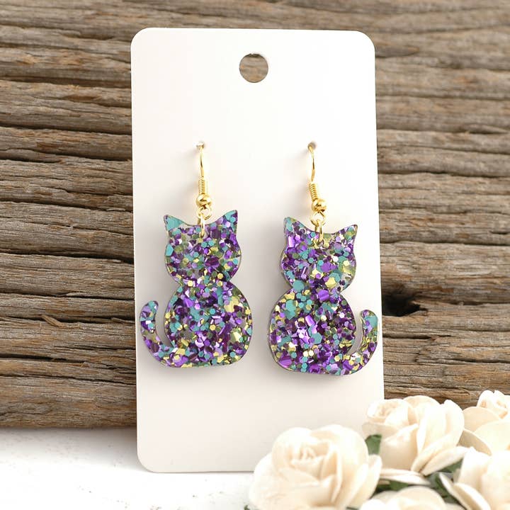 Purple gold Glitter Cat Dangle Halloween Earrings - Acrylic for wholesale by Rocky Mountain Shops