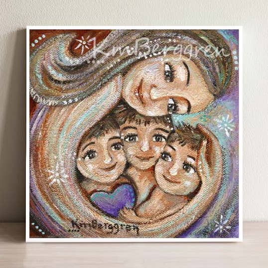 Trust In Kindness - Mom Cradling 3 Kids Art Print for wholesale by Katie m. Berggren art & design, LLC