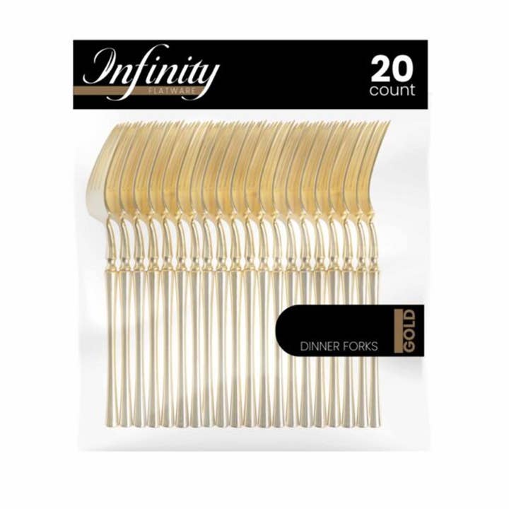 EcoQuality - Vendita all'ingrosso Set di posate - Forchette da tavola in plastica color oro della collezione Infinity Flatware2