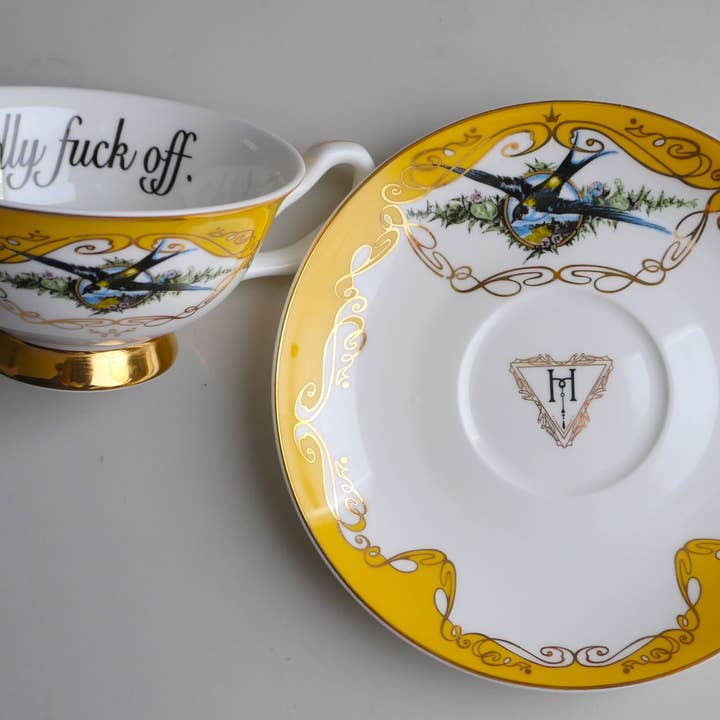 misshavishamscuriosities - Wholesale Tea Set - Yellow bird insult teacup and saucer: Kindly fuck off