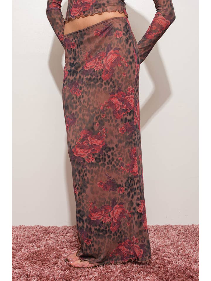 BROWN MULTI FLORAL LEOPARD MESH MAXI SKIRT for wholesale on Faire