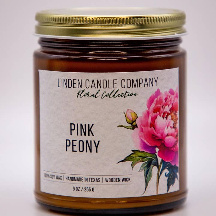 Linden Candle Company – wholesale Jar/filled candle – Pink Peony Organic 9oz Soy Candle in Amber jar