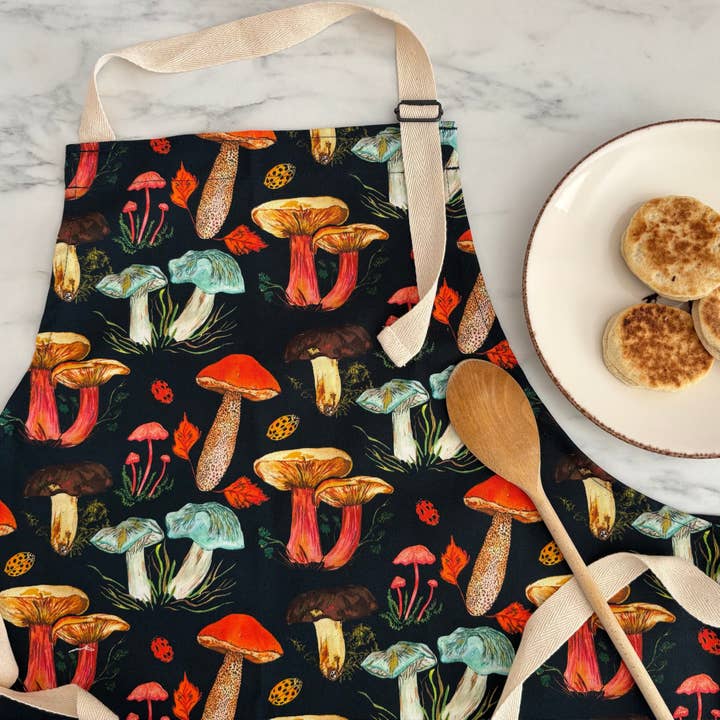 Mushroom Apron - Hand Painted Vibrant Design for wholesale by Emily Hacker