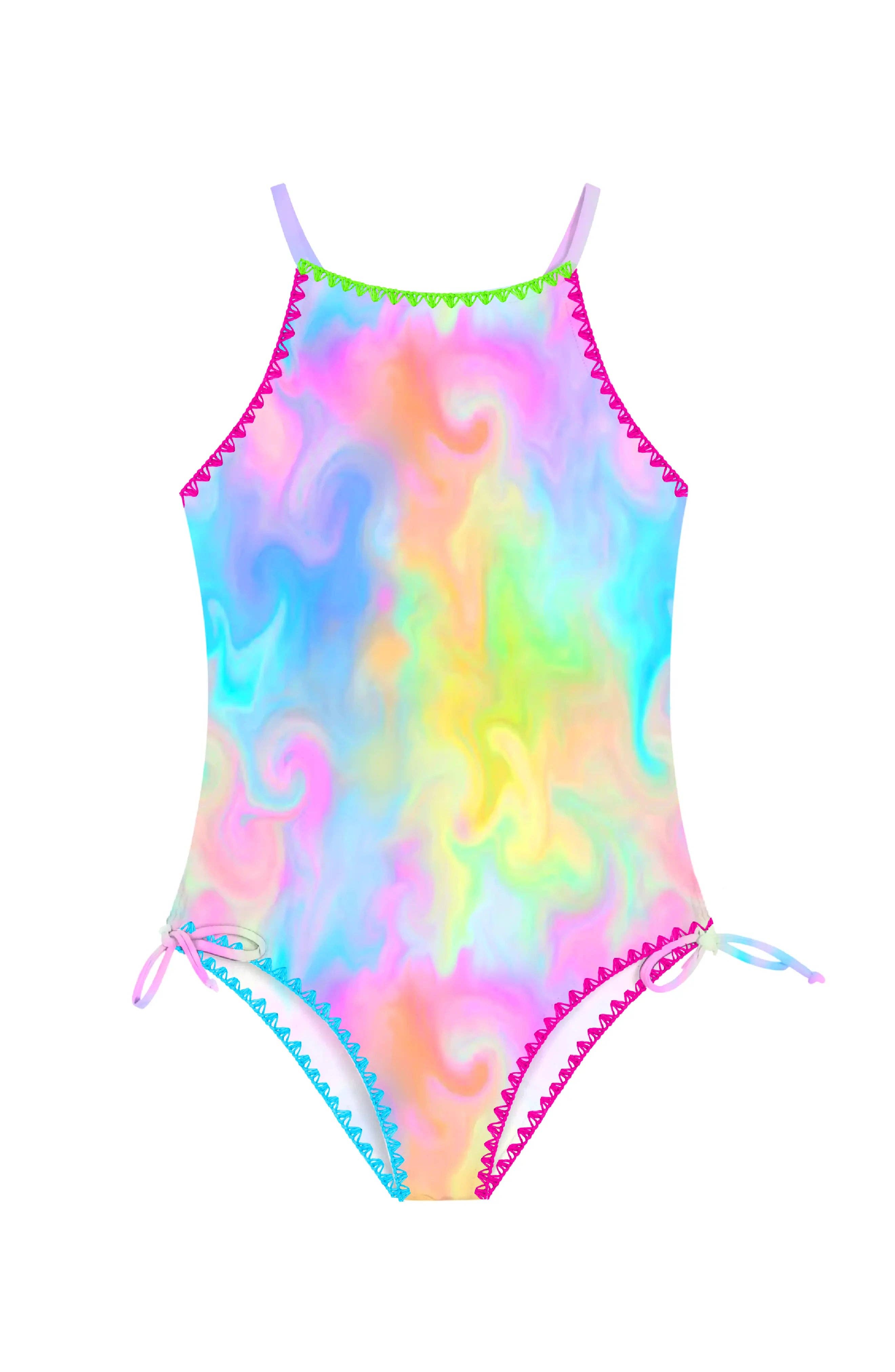 Limeapple - Wholesale One Piece Swimsuit - Kids - Azura Marble Printed One Piece Swimsuit with Embroidered Trim0