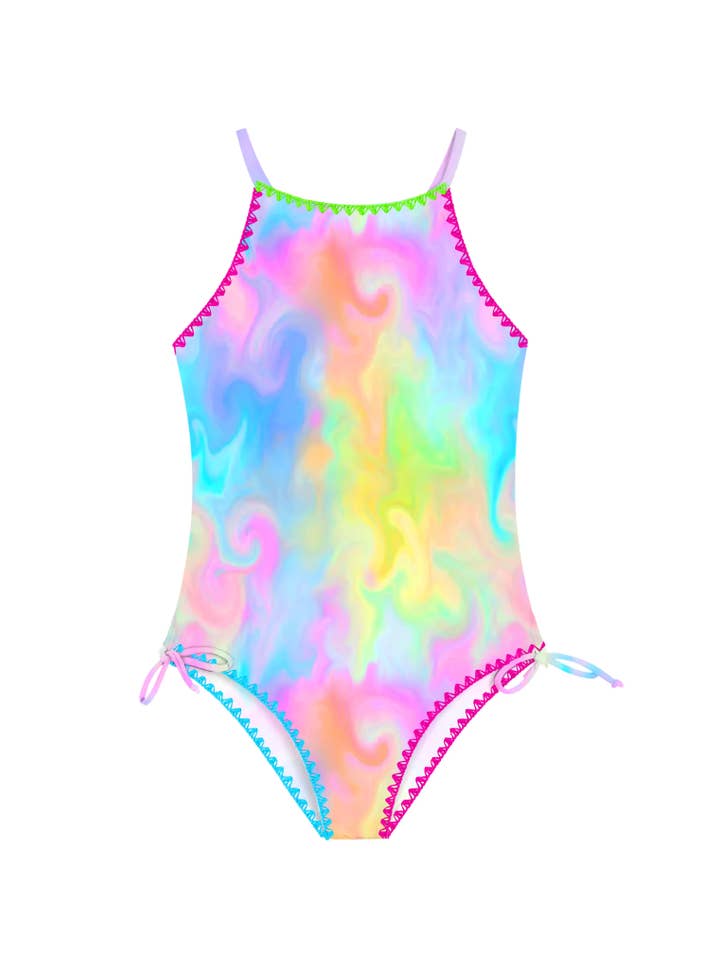 Limeapple - Wholesale One Piece Swimsuit - Kids - Azura Marble Printed One Piece Swimsuit with Embroidered Trim