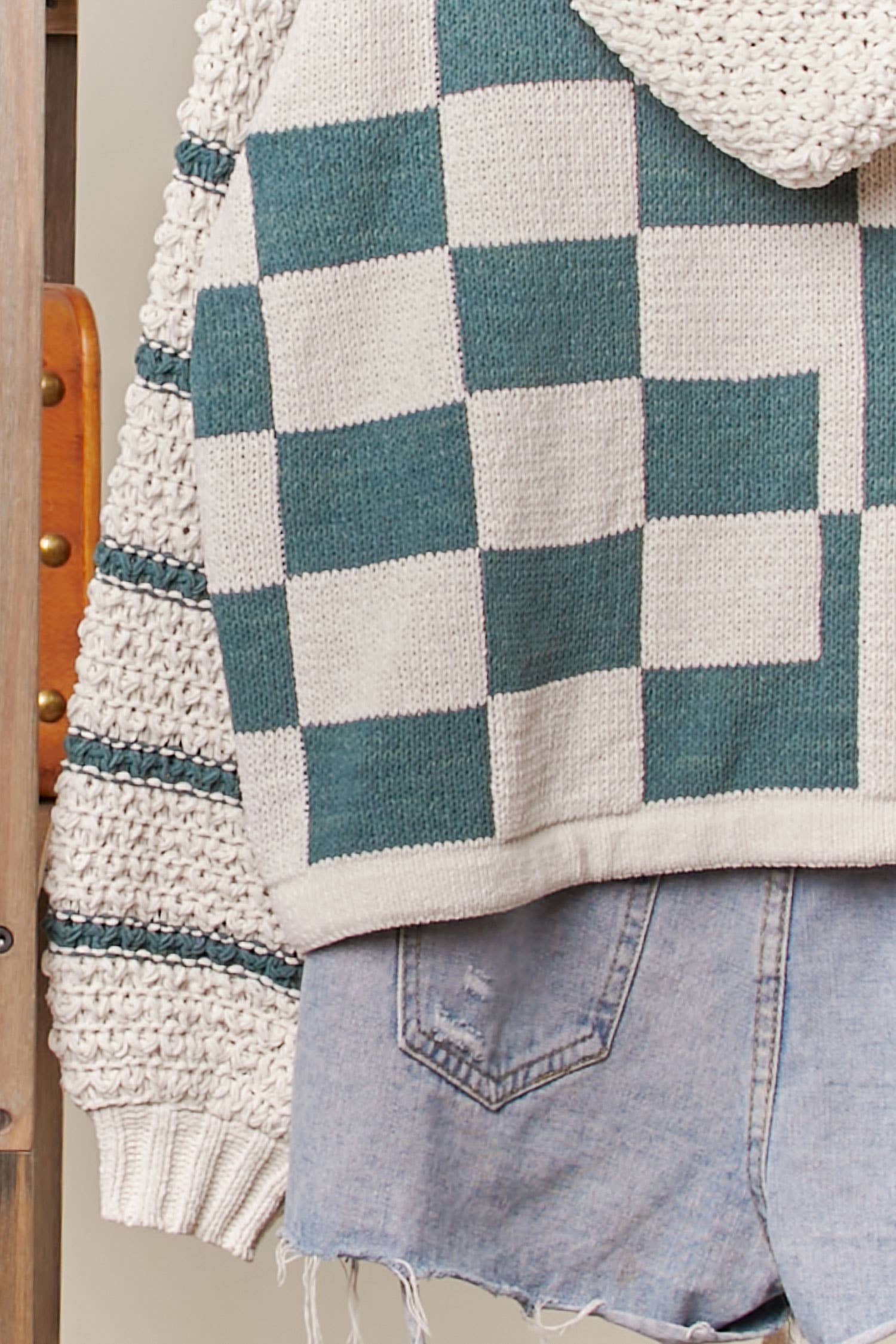 Mello. - Wholesale Knit Sweater - Women's - Hooded Multi Checker Drawstring Sweater11