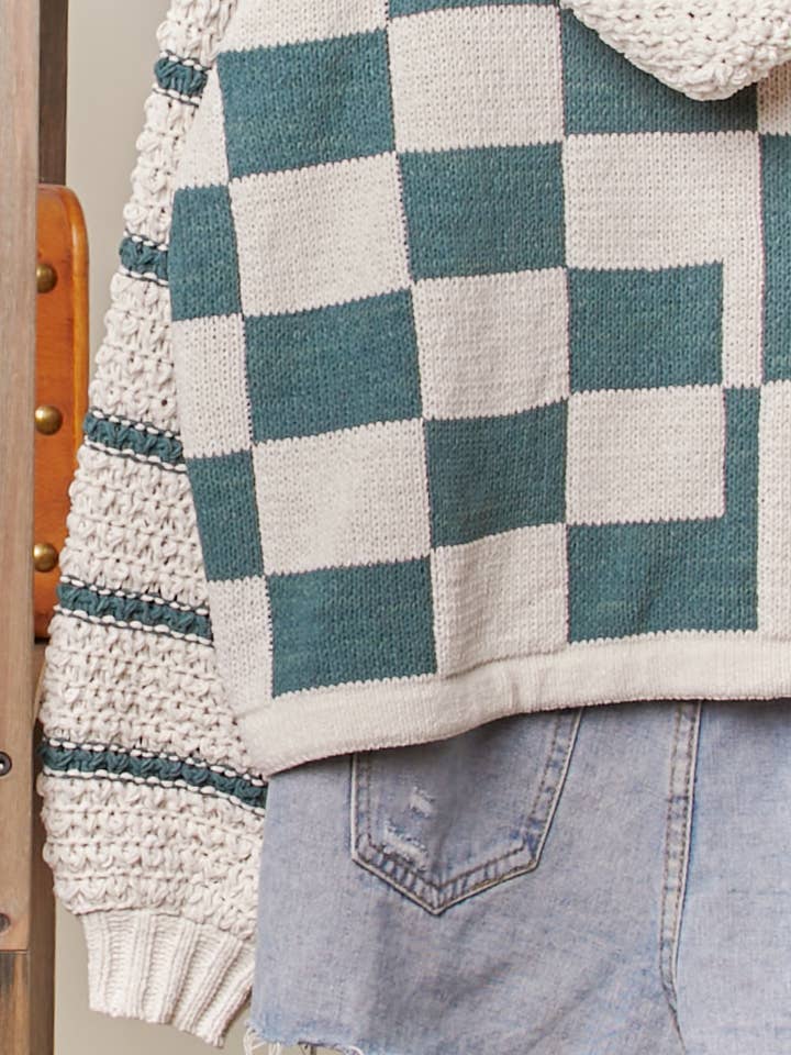 Mello. - Wholesale Knit Sweater - Women's - Hooded Multi Checker Drawstring Sweater11