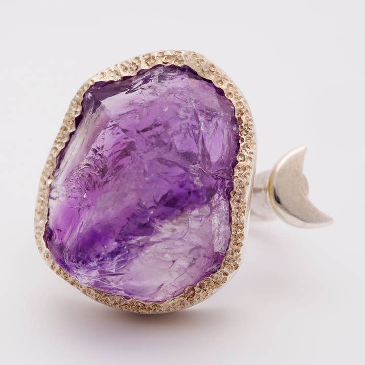Amethyst Adjustable Moon Ring, Raw Gemstone, Silver - Remi for wholesale by Koko