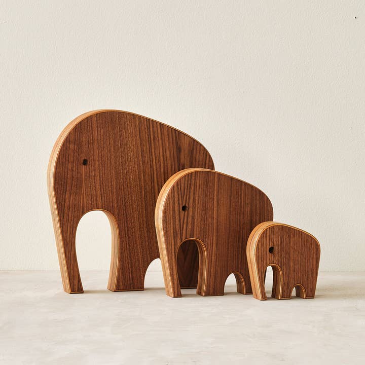 Modern Minimalist Walnut Wood Elephant Sculptures - 3 Sizes for wholesale by Relic Modern™ | Furniture & Objects