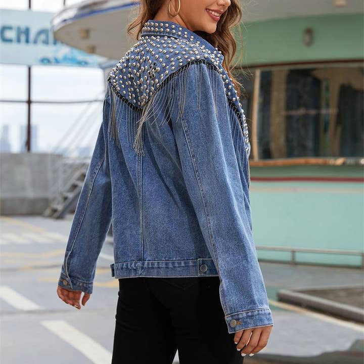 Azul Chaqueta corta de mezclilla con tachuelas y flecos para mujer de venta al por mayor en Faire