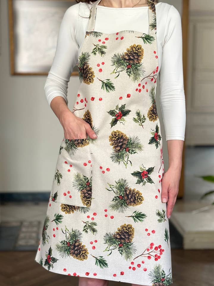 Grembiule natalizio da donna in misto cotone e lino, stampato | Golden Pine per la vendita all'ingrosso da parte di Hortensias Home