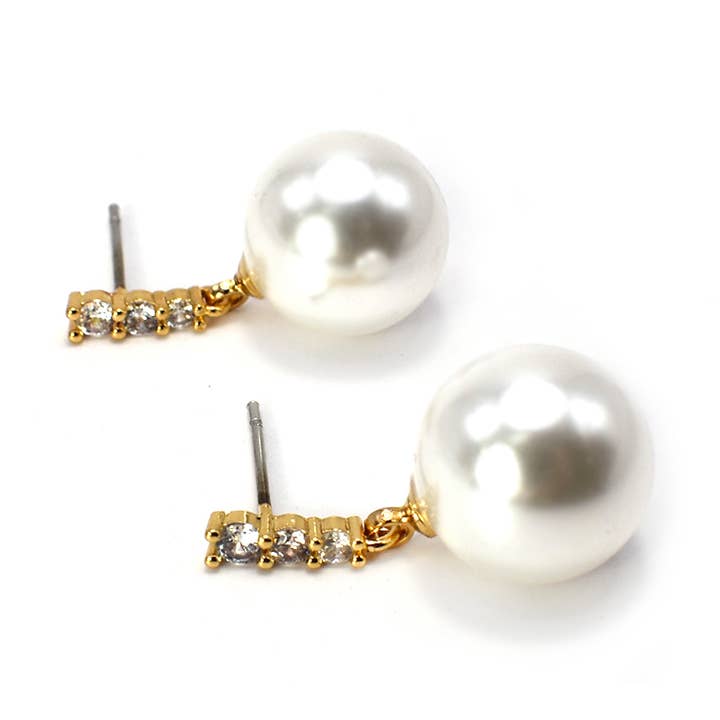 Glass Pearl Drop with Rhinestone Link Post Earrings for wholesale by StarryNYC