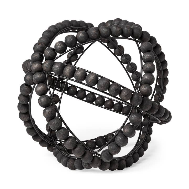 HomeRoots - Wholesale Sculpture - 11" Black Wooden Bead And Metal Orb Sculpture