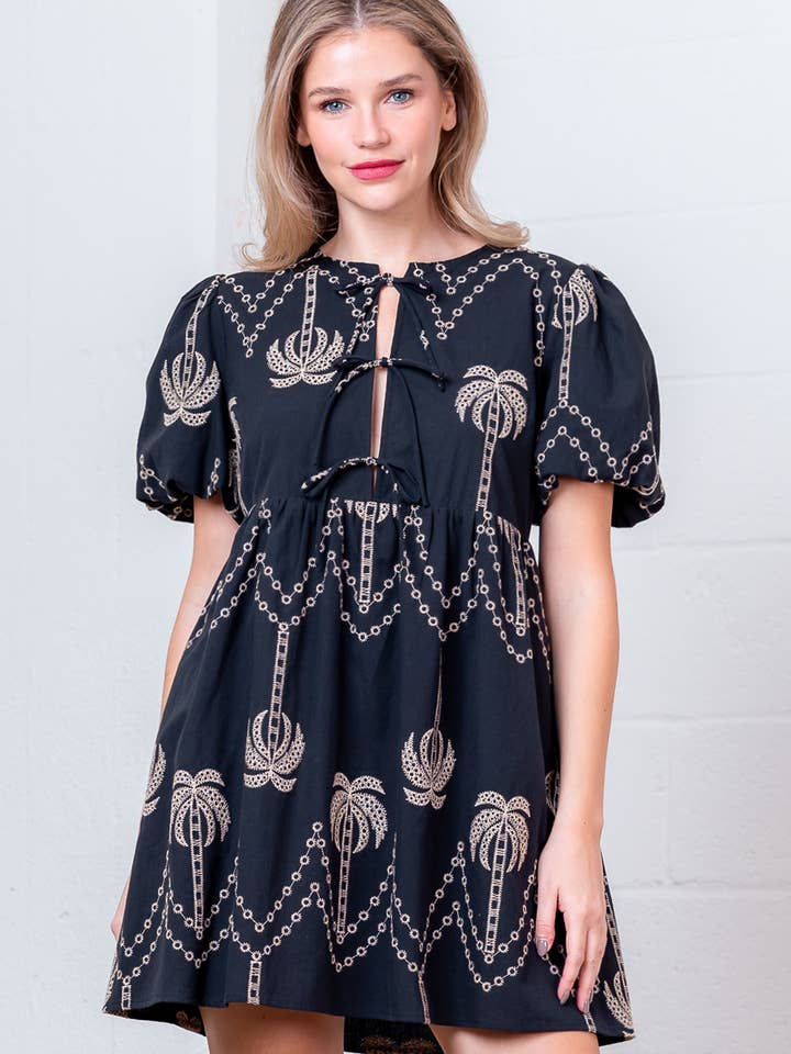 BLACK MULTI PD20375T-EMBROIDERED TIED FRONT SHORT SLVS MINI DRESS for wholesale on Faire1