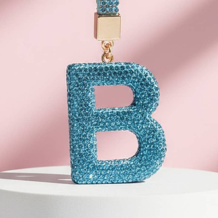 Silver Initial Letter Blue Crystal Key Ring & Bag Charm for wholesale on Faire1