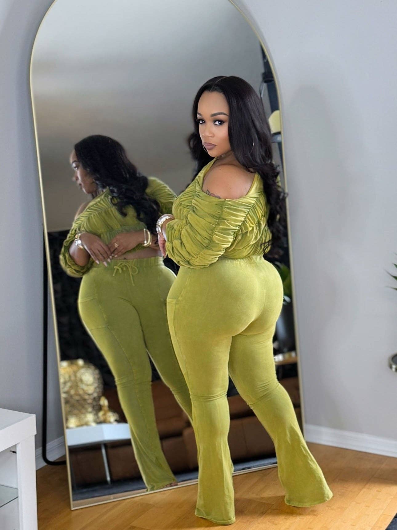 MB Fashion Wholesale - Wholesale Top & Pant Set (NOT Loungewear) - Women's - MB FASHION Ruched Off-Shoulder Top & High-Waist Flared Pants Set 953214