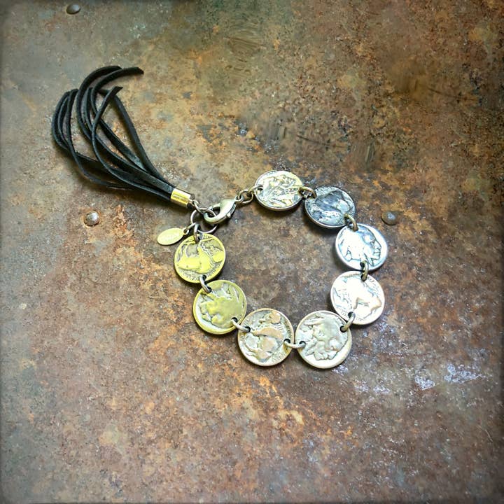 Buffalo Nickel & Leather Tassel Bracelet - Black, Western for wholesale by ASTALI