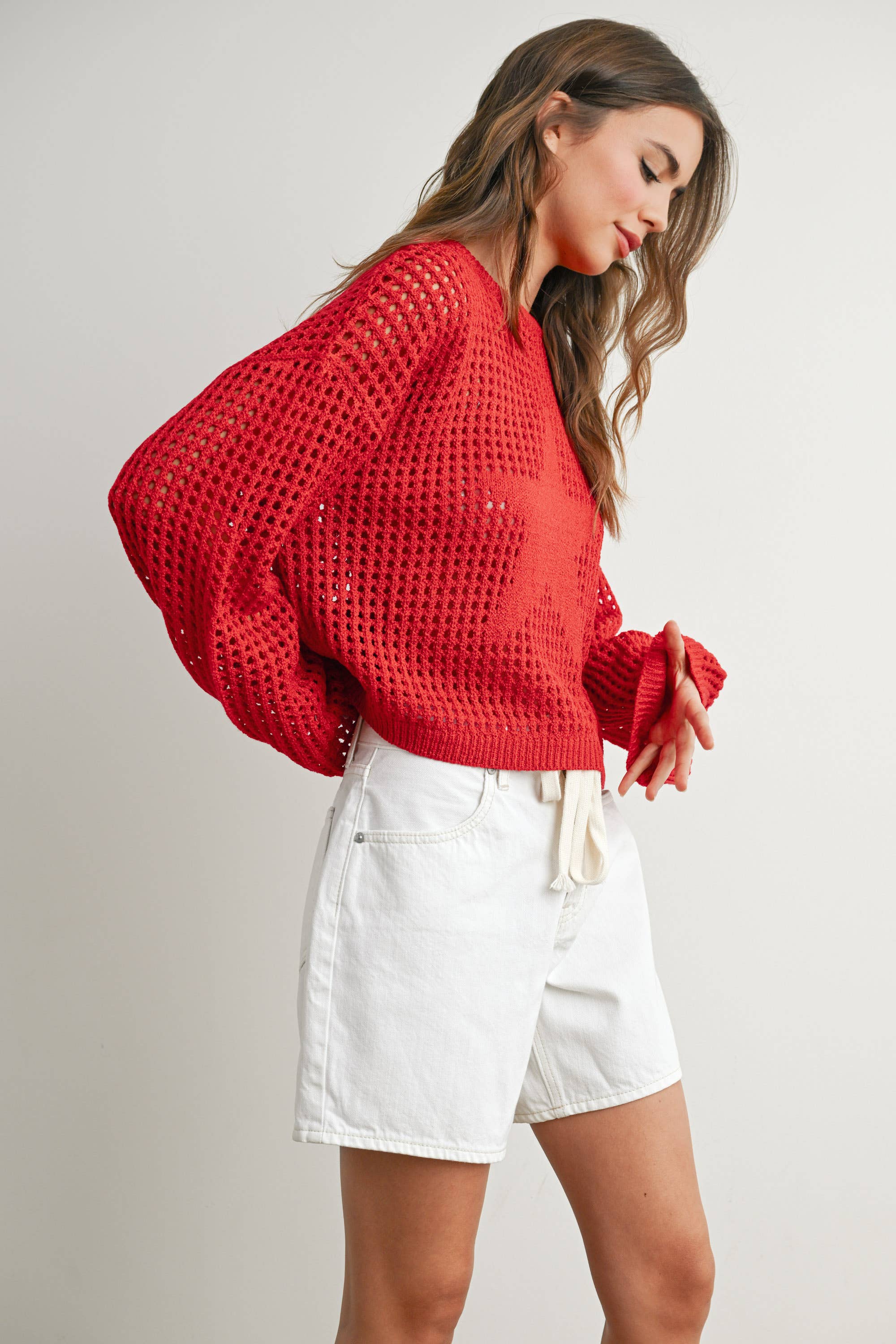 BUTTERMELON - Wholesale Knit Sweater - Women's - Crew Neck Crochet Sweater - BMW763315