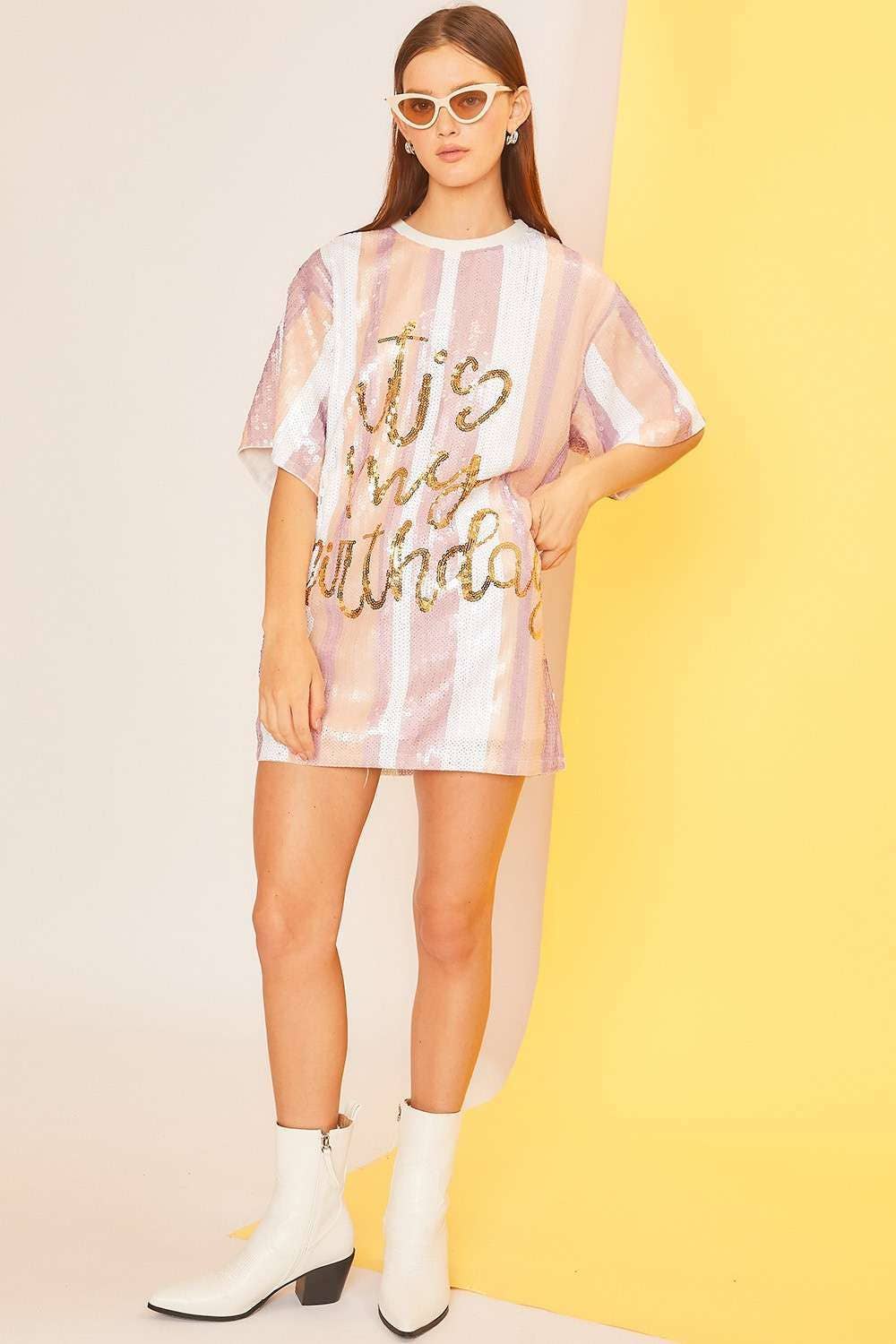 MEHRFACH Pailletten-Tunika-Top mit Schriftzug IT'S MY BIRTHDAY für den Großhandel auf Faire3