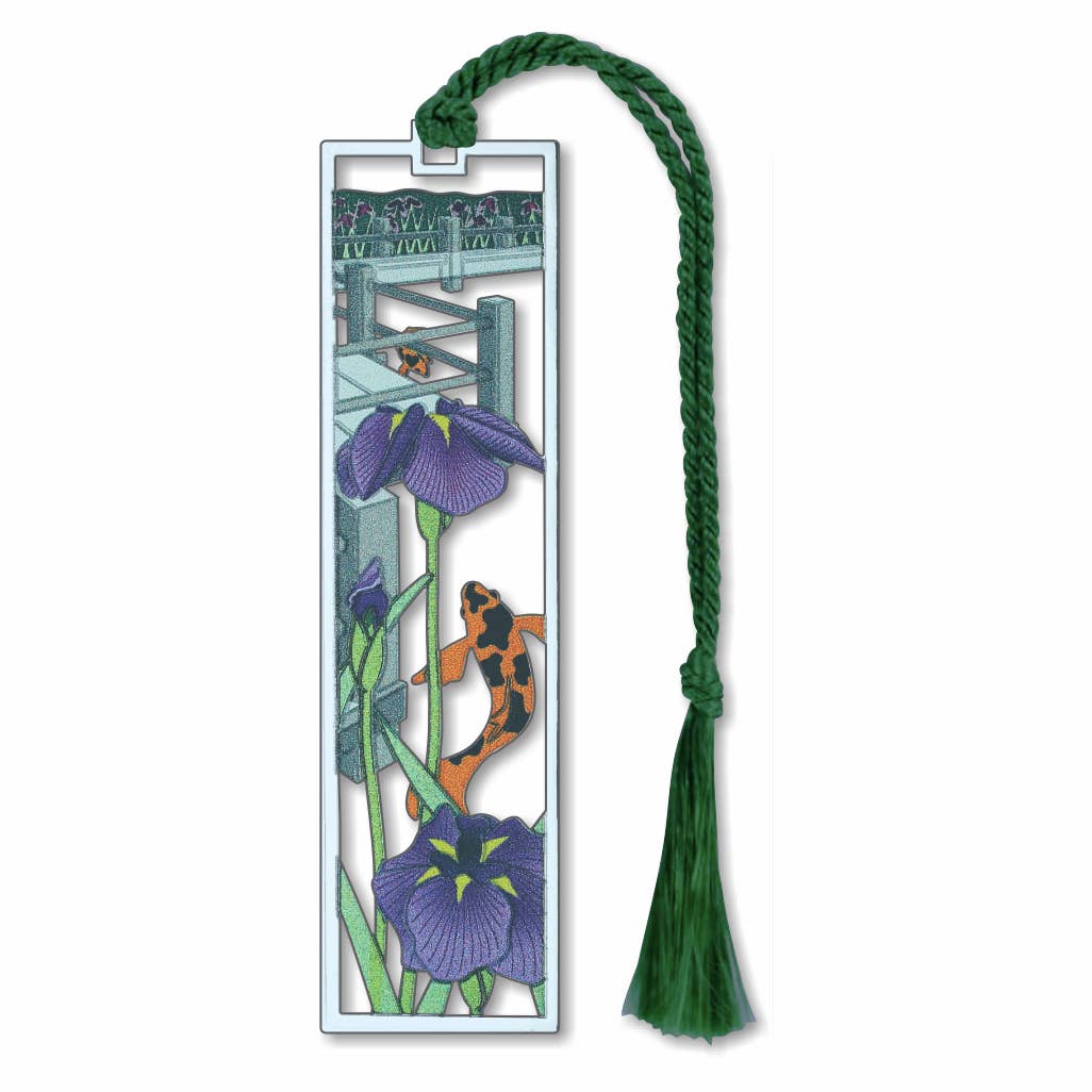 David Howell and Company - Wholesale Bookmark - Iris, Koi and A Zig Zag Bridge Metal Bookmark, MADE in USA0