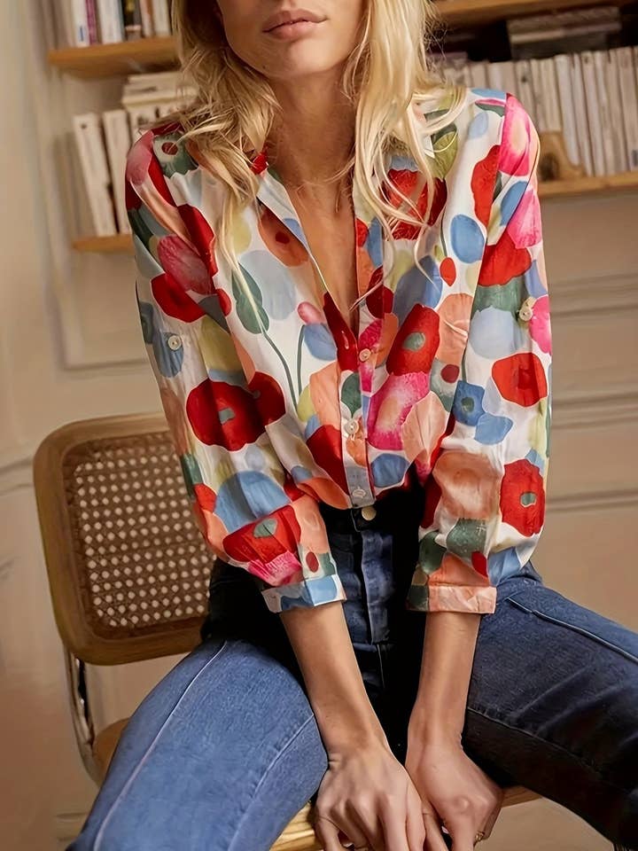 Chic Vibrant Floral Print Button Down Blouse for wholesale on Faire