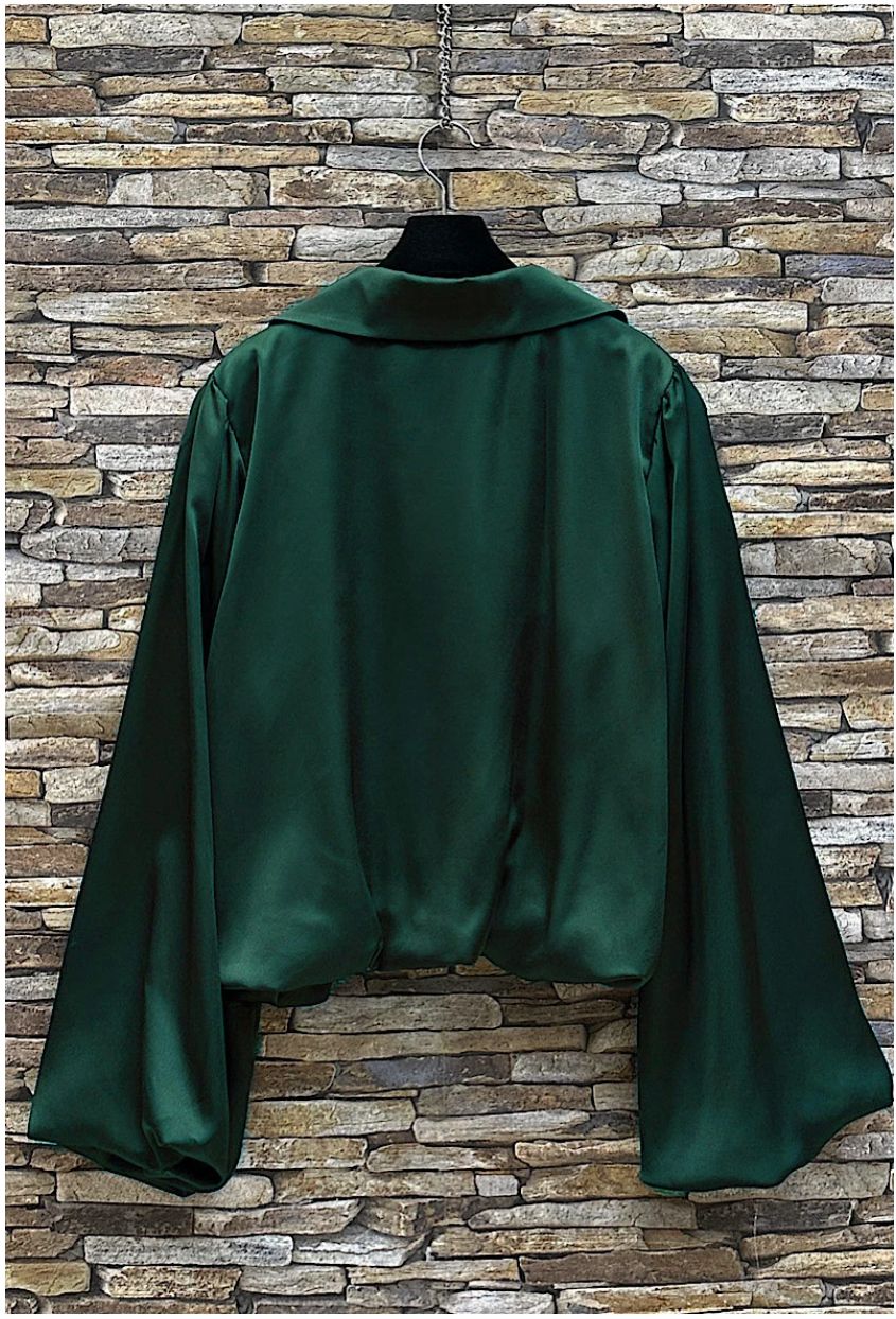LOOWIE - Wholesale Blouse - Women's - ELBLESB Italian Emerald Satin Blouse w/ Flowy Sleeves LOOWIE1