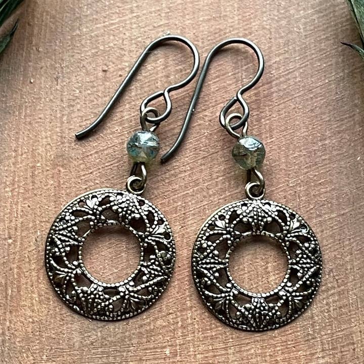 Vintage Gypsy Hoop Earrings - Antique Brass Filigree Green for wholesale by Vintage Earth