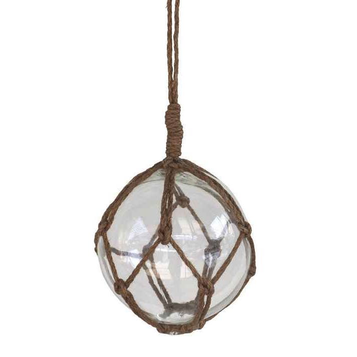 Hampton Nautical - Wholesale Decorative Tabletop Object - Clear Japanese Glass Ball Fishing Float With Brown Netting D1