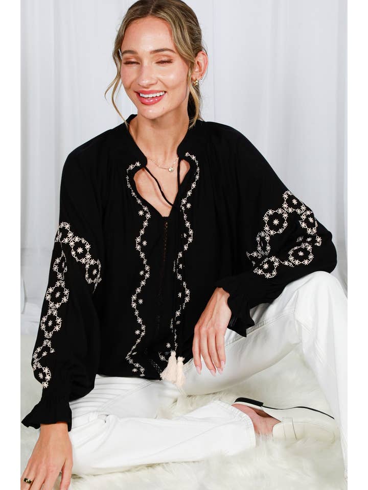 Vine & Love - Wholesale Blouse - Women's - Tie Neck Tassel Detail Floral Embroidered Blouse TopVT82493-0