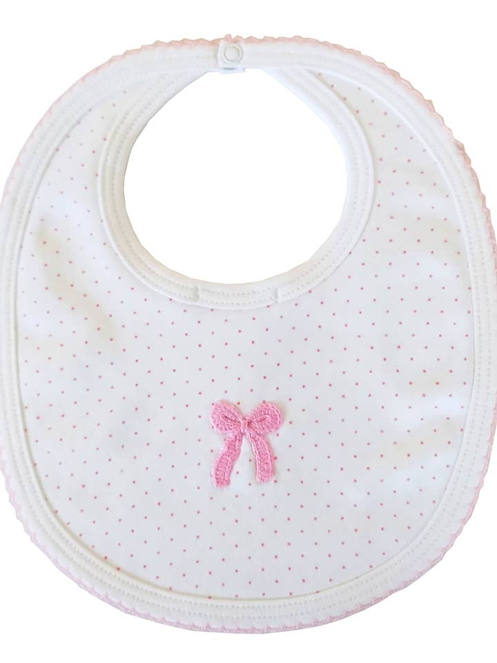 Baby Girl's Pink Dots and Crochet Bow Bib for wholesale by Baby Threads