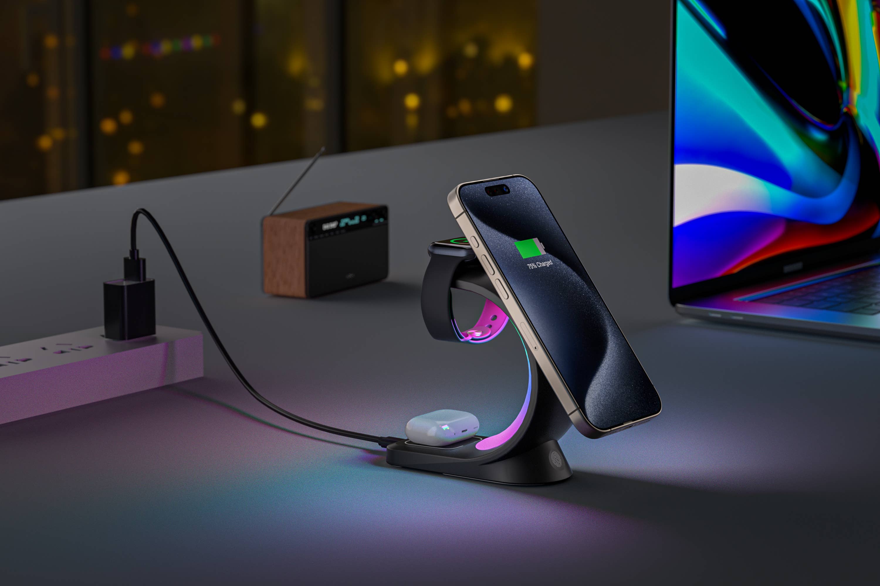 LAX Gadgets – Engroshandel Skærmbeskytter til telefon – 3-i-1 opladningsstation med natlampe og adapter – detailpakke6