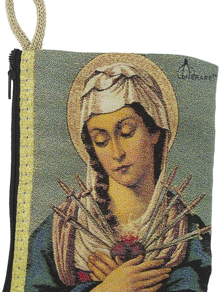 Stor gobelängrosenkranspåse med design av sju sorger för wholesale av Village Gift Importers