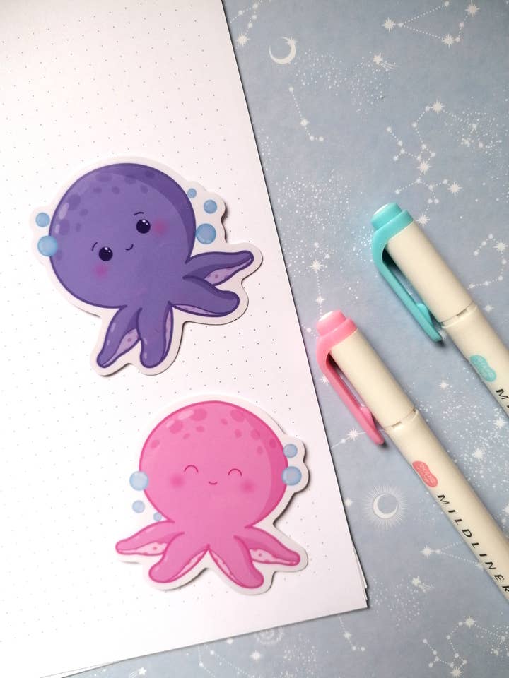 Søde blæksprutte klistermærker, hav liv klistermærker, Vandtæt blæksprutte for engroshandel hos KimspirationCrafts
