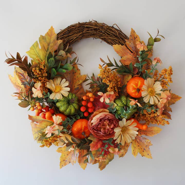Thanksgiving day pumpkin maple wreath for autumn home decor and other Purchase wholesale pumpkin wreath. Free returns & net 60 terms on Faire trending on Faire.