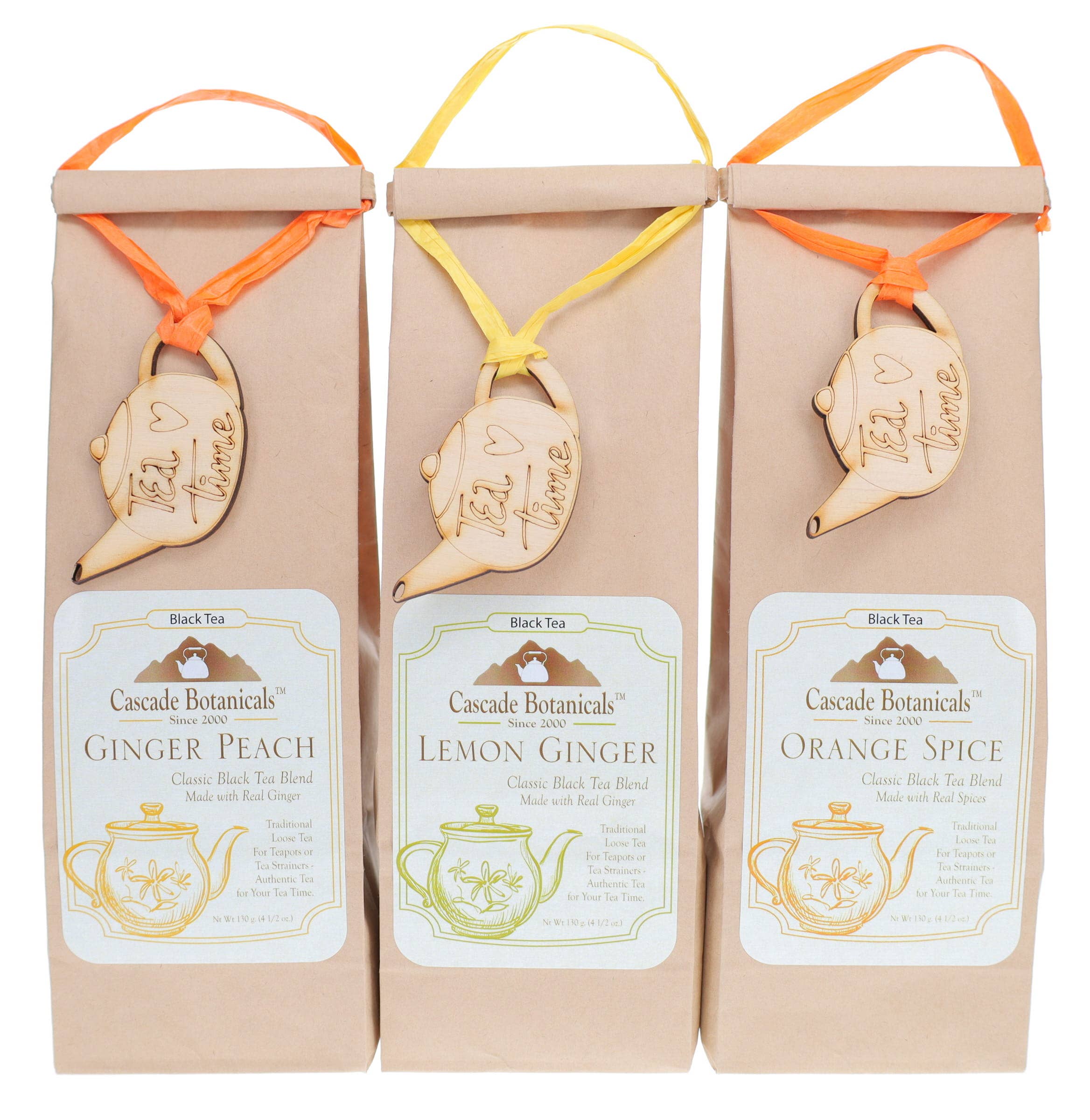 Cascade Teas & Botanicals - Vente Thé en vrac - Thé en vrac Gingembre Pêche, Citron Gingembre, Épices à l'Orange - Coffret 6 sachets6