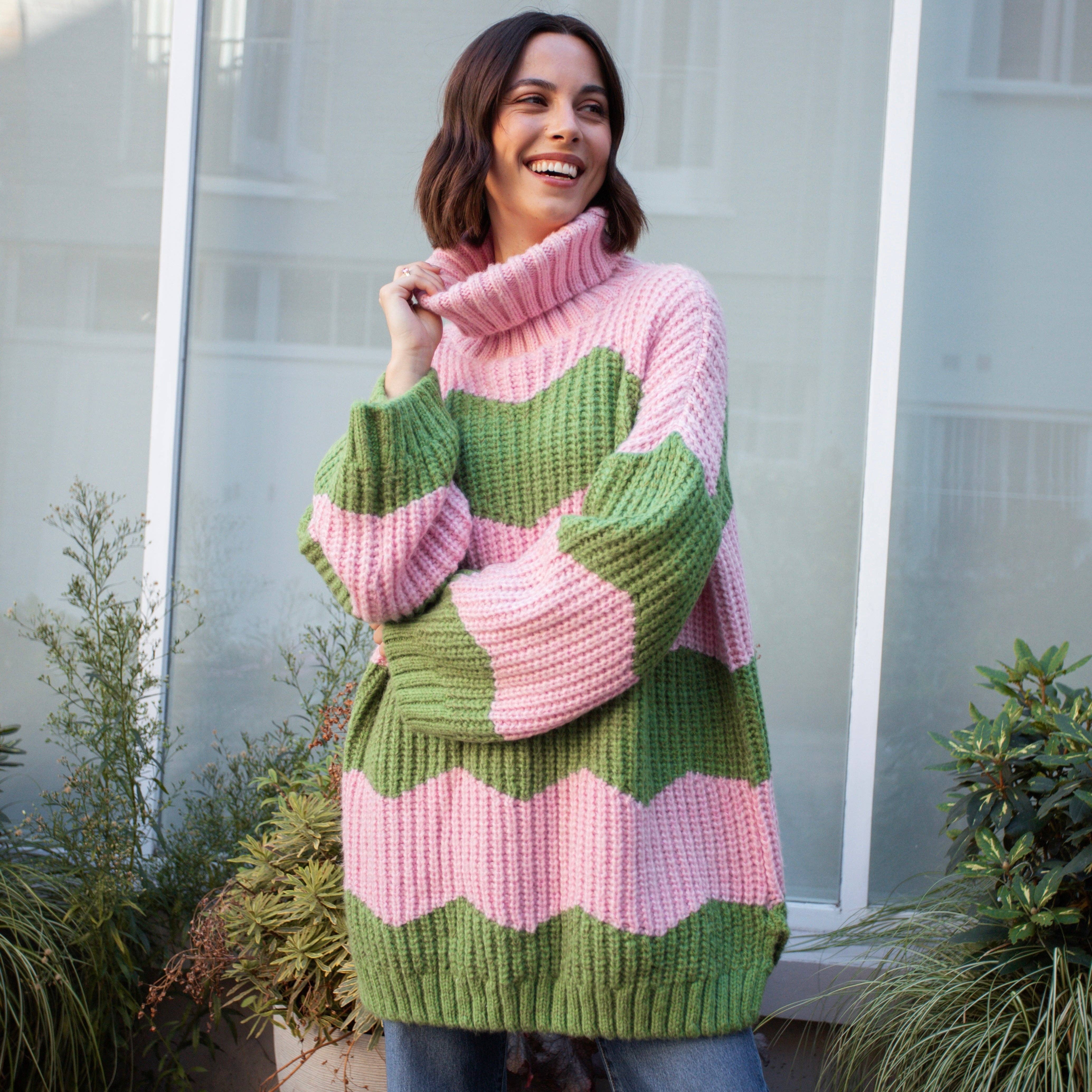 Cara & The Sky - Wholesale Dress - Women's - Nelly Chevron Roll Neck Knitted Jumper Dress - Pink11