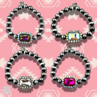 Pink Panache Brands - Wholesale Charm/Dangle Bracelet - Navajo style burnished beaded bracelet, rhinestone charm1