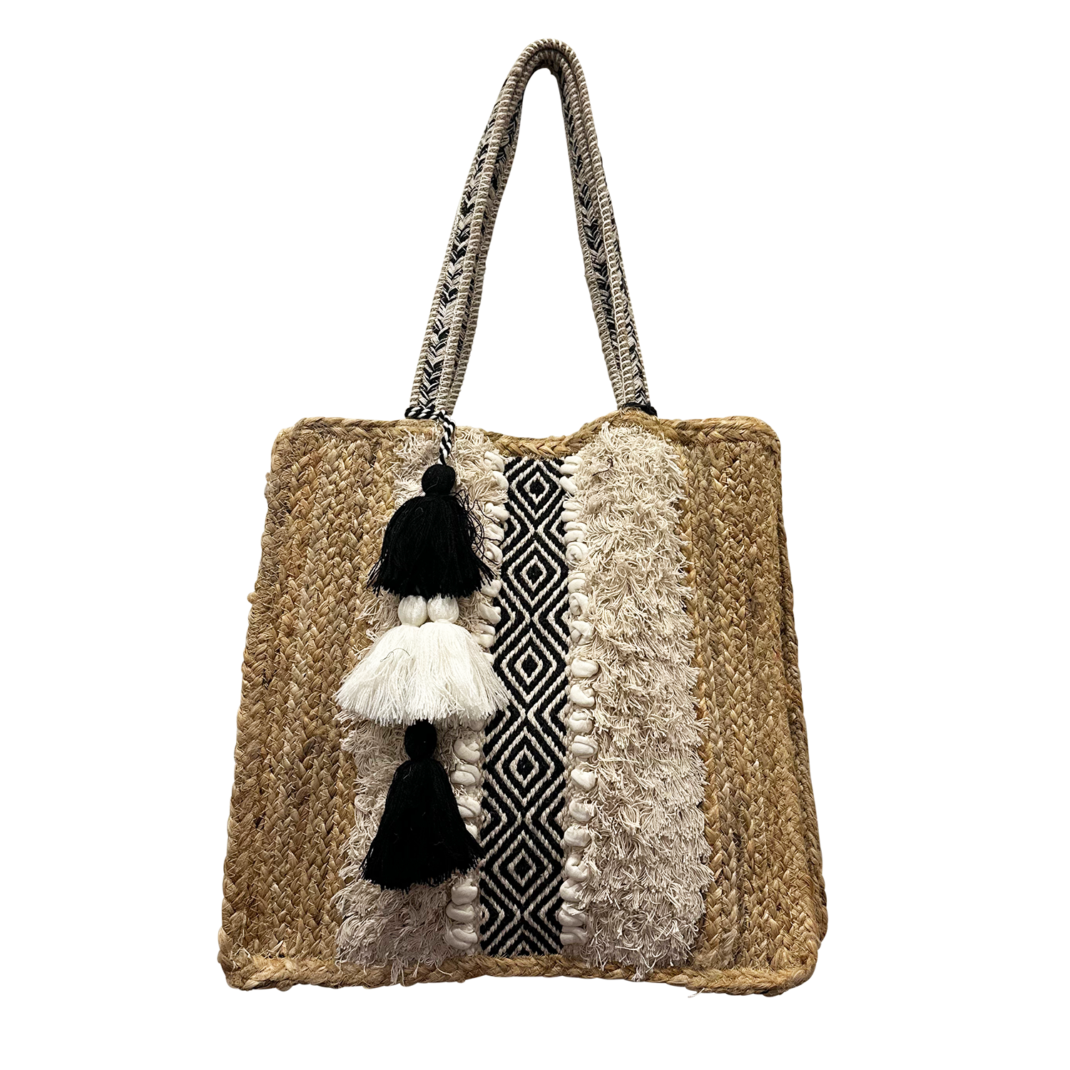 Chloe & Lex - Wholesale Tote Bag - Unisex - Fringy Jute with Black White Stripe and Handles Tote Bag0