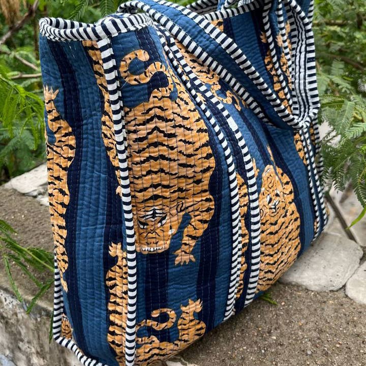 bhavnas boutique - Wholesale Tote Bag - Women's - Blue Cotton Quilted Tiger Print Bag Women Shopping Carry Bag