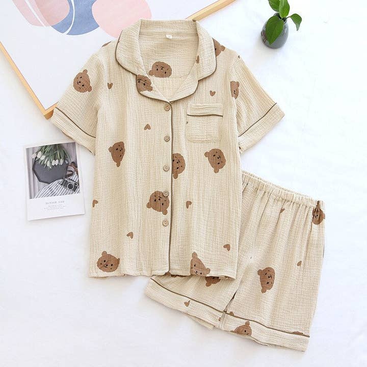 Couple Short Sleeve Bear Pattern 2 Piece Pajamas Set for wholesale by The Lounge Edit