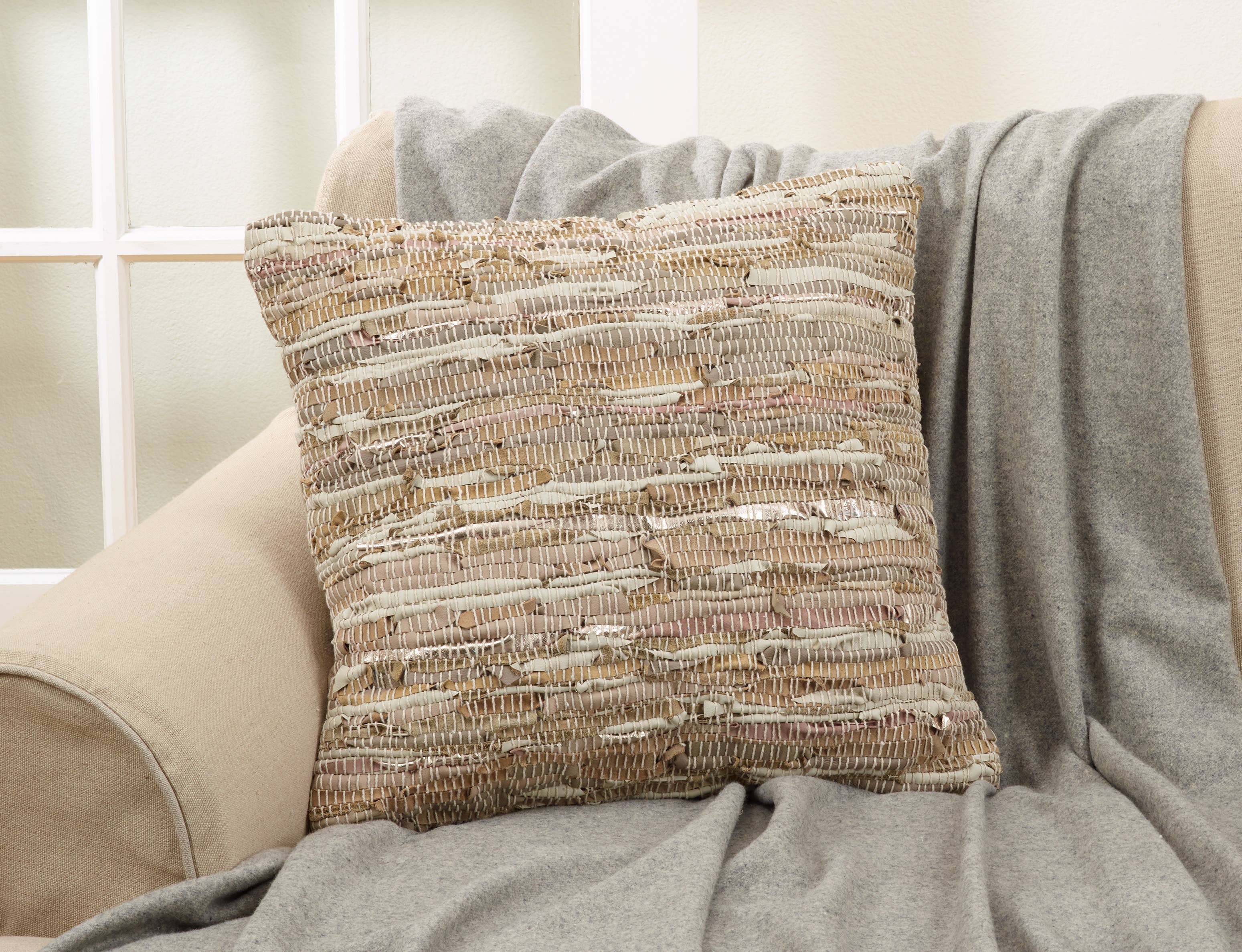 Natural Leather Chindi Pillow-Down Filled for wholesale on Faire1