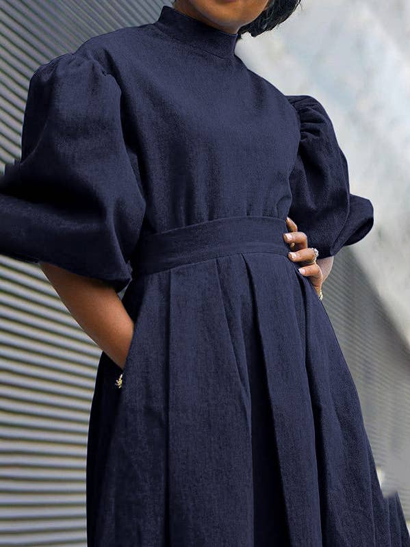 Vogue Vengeance - Wholesale Dress - Women's - A-Line Puff Sleeves Pleated Pockets Solid Color Split-Joint Mock Neck Midi Dresses