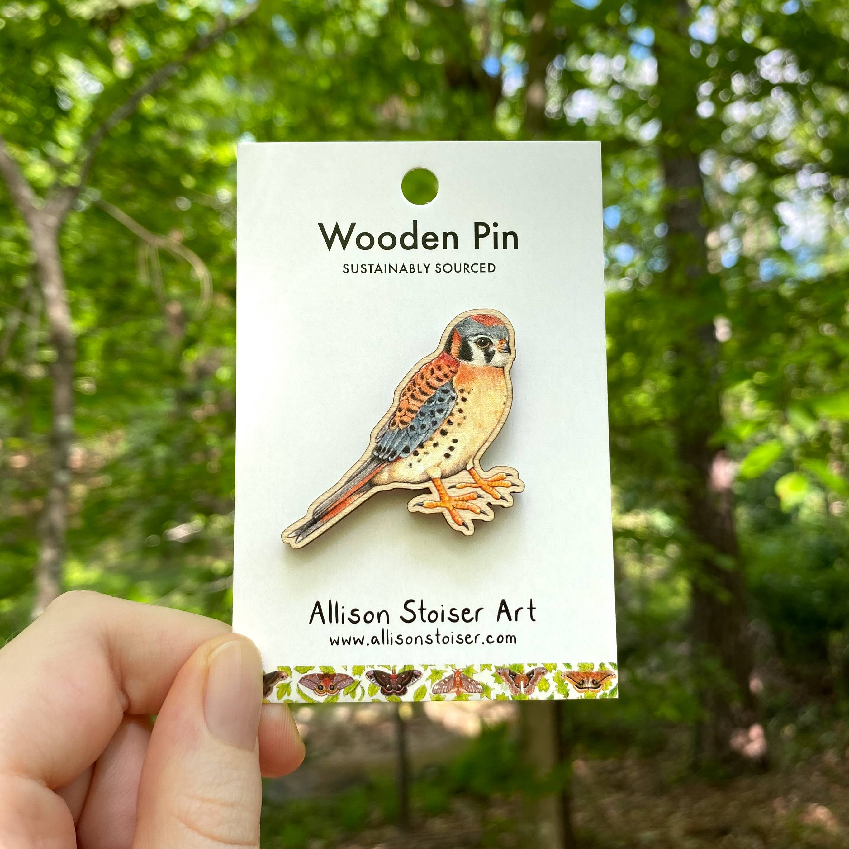 Allison Stoiser Art - Wholesale Lapel Pin/Button - American Kestrel Wooden Pin (Sustainably Sourced)