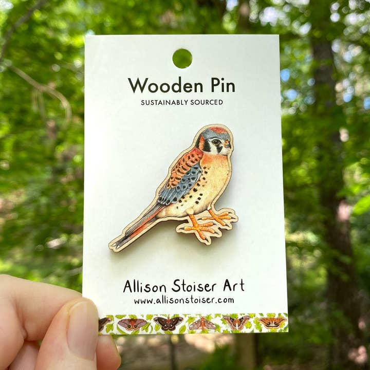 Allison Stoiser Art - Wholesale Lapel Pin/Button - American Kestrel Wooden Pin (Sustainably Sourced)0