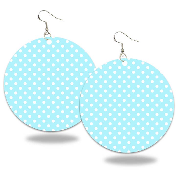 Light Blue and White Polka Dot Earrings - 2" Hand Painted for wholesale by The Sankofa Cache