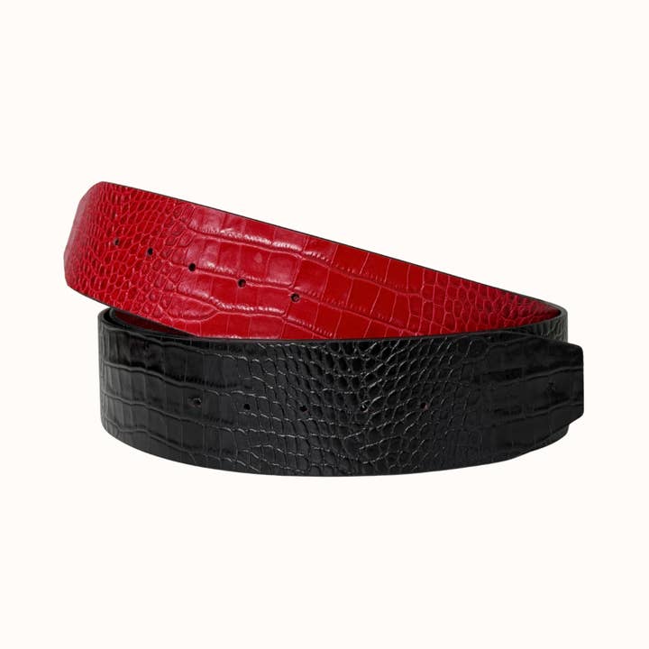 Ceinture réversible en cuir embossé croco Onyx & Rouge | 6 cm pour la vente par Cesoli
