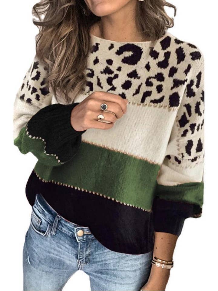 Masyal - Wholesale Knit Sweater - Women's - Leopard Print Colorblock Sweater with V-Neck6